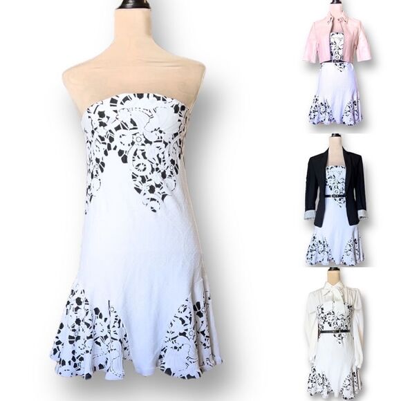 Alexis Black and White Floral Lace Strapless Mini Dress, Size Medium - Picture 2 of 14